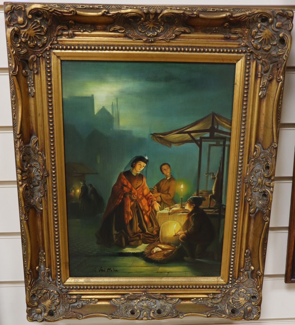 R. Van Molen, oil on board, Night market scene, signed, 40 x 30cm